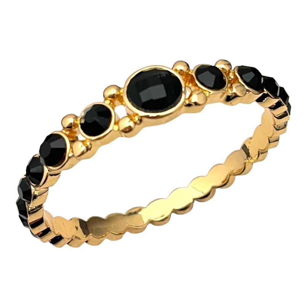 New Gold Tone Bangle Bracelet Faceted Black Stones - 5H